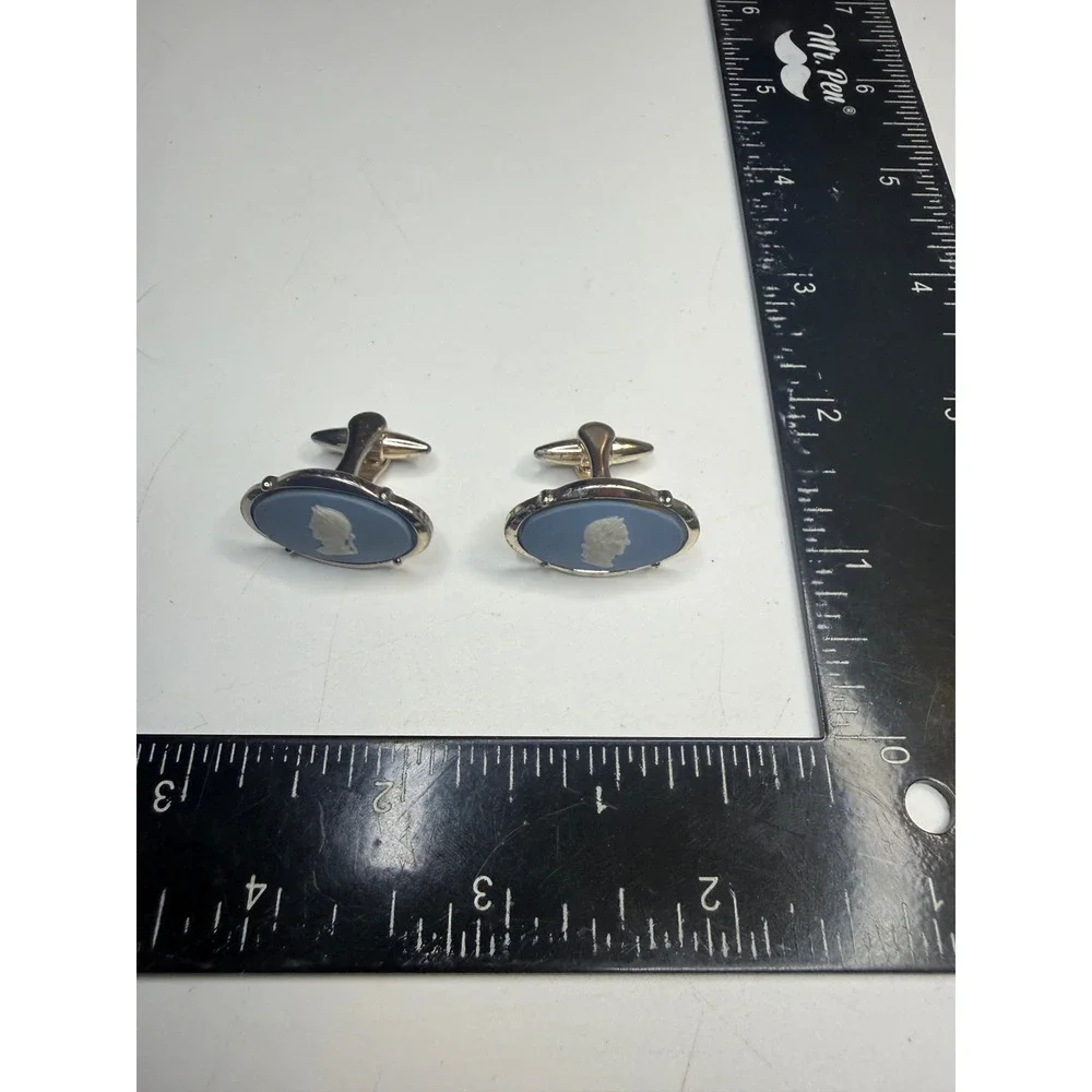 Vintage Wedgwood Blue Jasperware Cameo Cufflinks Silver Tone Oval Pat 1144883